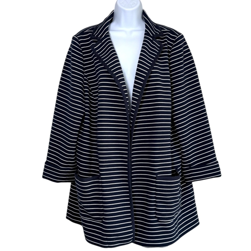 Talbots Striped Knit Open Blazer Jacket Plus Size 1X Navy White Stretch Nautical - Picture 2 of 7